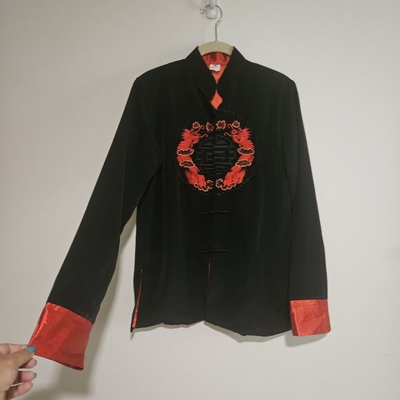 Silk Vintage Black & Red Dragon Kimono Style Long Sleeve Top S Vietnam Minh Than - Picture 5 of 12